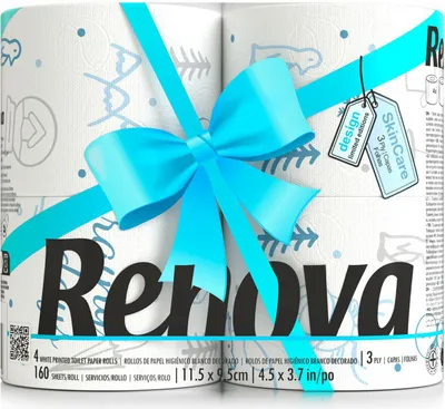A gift-wrapped package of Renova toilet paper rolls.