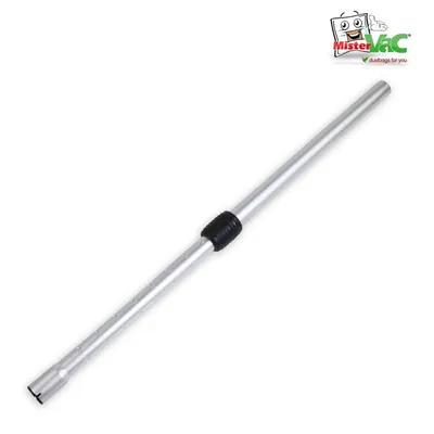 A silver telescopic tube for a vacuum cleaner, with a black grip, against a white background. A logo is visible in the top right corner.