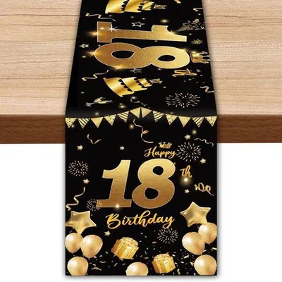 Produktbild von Geburtstags-Tafeldekoration, schwarze goldene Tafeldekoration, Happy 18. Geburtstag Tafeldekoration, 18. Geburtstag Deko, Mädchen und Jungen Tafeldekoration, 35 x 180 cm Tischdekoration