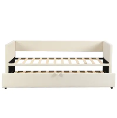 Produktbild von CDGlobal Tagesbett 90x200cm/180x200cm Ausziehbett, Erweiterbares Schlafsofa mit Lattenrost und Armlehnen, Samt Polsterbett Kinderbett Sofabett, Beige