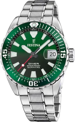 A close-up studio shot of a men's wristwatch with a green dial and silver metal band.