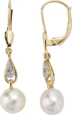 Produktbild von JOBO Boutons 585 Gold Gelbgold 2 Diamanten 2 Süßwasser Perlen Ohrringe Ohrhänger
