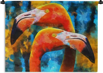 Produktbild von MuchoWow® Wandteppich Wandbehang Gemälde - Ölfarbe - Flamingo 60x45 cm Tapisserie Dekoration Wandtuch - Das Schlafzimmer