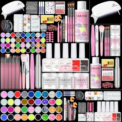 Obrázek produktu pro Sada pro modelování nehtů, obsahující frézku, UV lampu, akrylový prášek a tekutinu, a doplňky pro nail art