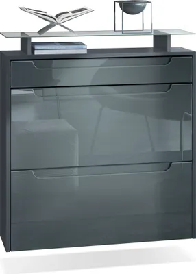 Produktbild von Vladon Schuhschrank Annie, Schuhkipper für 16 Paar Schuhe mit 2 Klappen, 1 Schublade und Glasablage, Anthrazit matt/ Grau Hochglanz, Griffmulden in Grau Hochglanz (89 x 96 x 23 cm)
