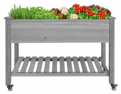 Produktbild von Erhöhtes Gartenbeet aus Holz - Pflanzkasten mit Beinen - 122x61x81 cm - Mit Pflanzfolie & Ablageboden - Für Balkon & Terrasse - Grau