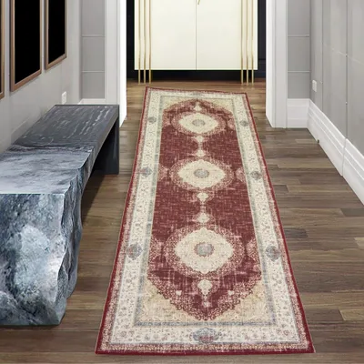 Obrázek produktu pro Klasický orientální koberec s krásnými rostlinnými dekoracemi a květinovými ornamenty v červené krémově béžové zlaté barvě Velikost - 80 x 150 cm
