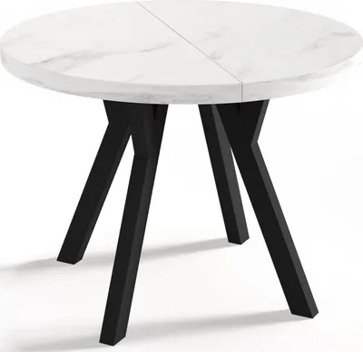 Produktbild von Designer Runder Ausziehbarer Esstisch in Weißer Marmoroptik - Loft-Stil, Industriell, Platzsparend - Schwarze Beine - 100 bis 200 cm - für 5-10 Personen - Hergestellt in EU - Marmor Weiß