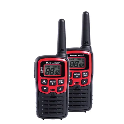 Two Midland XT10 PMR radios are shown against a white background.