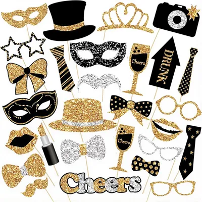 Produktbild von Fotobox Accessoires - 30-teiliges Set mit Foto-Requisiten - Party-Dekoration für Fotoautomaten - Schwarz Gold