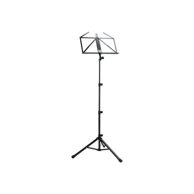A black music stand with a tripod base and an adjustable height.