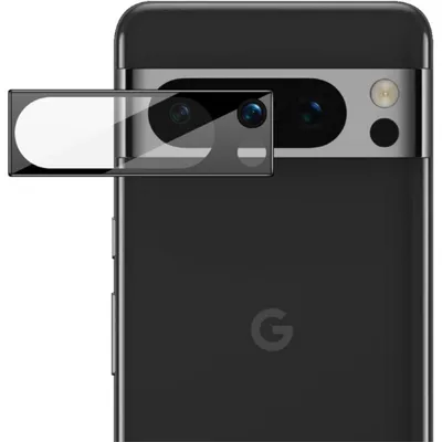 A close-up of the rear camera module of a black Google Pixel 8 Pro smartphone, with a clear tempered glass screen protector placed over the camera lenses.