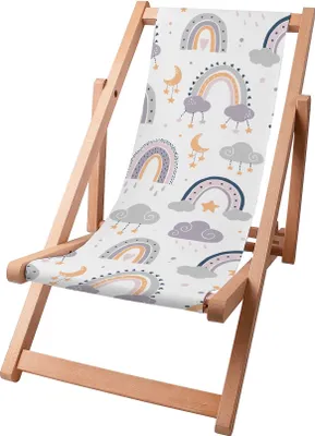 Produktbild von Dreamroots Kinder Liegestuhl klappbar Holz, bis zu 130 kg, Sonnenliege klappbar mit 3-stufiger Neigungsregulierung der Rückenlehne,Doodle Rainbow Moon