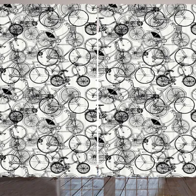Obrázok produktu pre ARANDE Náčrt záclony, vinobranie, retro, bicykel, ručne kreslený vektorový súhrnný dizajn obrázok grafika, 280 x 260 cm, čiernobiely