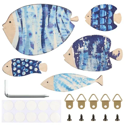 5er-Set Wandfische aus Holz, Blau, maritim, selbstklebend