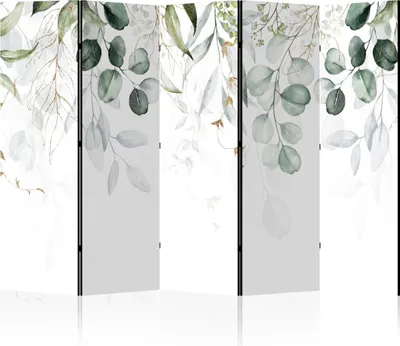 A room divider with a nature-inspired design featuring eucalyptus leaves.