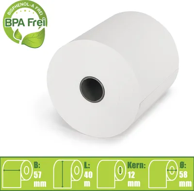 Produktbild von 50 x Thermorollen 57mm x 40m x 12mm Kassenrollen EC-Cash BPA frei Ø58mm