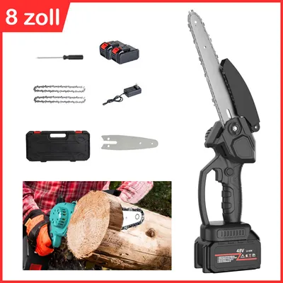 A collage of images showing a portable chainsaw, its accessories, and a person using it to cut wood.