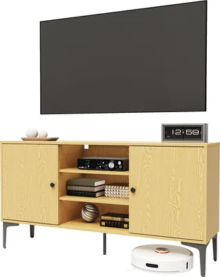 Image de SONNI Couleur bois d'origine Buffet bas Armoire TV, 135 x 35 x 70 cm, Avec passage de câbles Étagère TV, Table TV 2 portes, 3 compartiments ouverts, pour TV 60 pouces