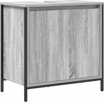 A close-up, front-side view of a gray wood-grain bathroom vanity cabinet with black metal legs and frame.