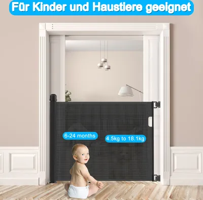 Produktbild von LZQ Türschutzgitter Rollo Ausziehbar 0-180cm Treppenschutzrollo, Hund Türgitter und Baby Treppenschutzgitter Kinder Schutzgitter, Schwarz