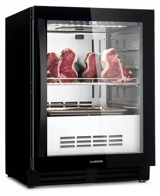 Produktbild von Klarstein Kühlschrank, Reifeschrank Dry-Aged, 1 Zonen Kühlschrank mit Glastür, für In- und Outdoor mit LED-Beleuchtung, Freistehend oder Einbaukühlschrank, Temperaturbereich 1-25 °C, 98 L