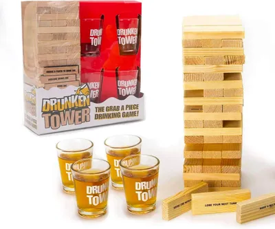 Productafbeelding van Drinkspel stapeltoren - 60 houten blokken met opdrachten - Met 4 shotglaasjes