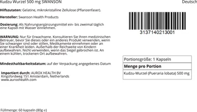Produktbild von Kudzu Wurzel 500 mg 60 Kapseln Swanson Health Products