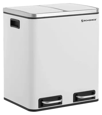 Immagine prodotto di Contenitore per rifiuti da 30 litri con pedale, 2 secchi interni, metallo, bianco, sistema di chiusura automatica, ermetico