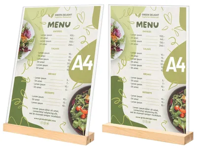 Produktbild von Acryl-Tischhalter A4, 2 Stück mit Holzfuß, für Speisekarten und Werbematerialien