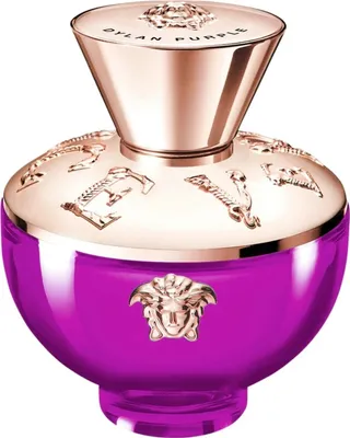 A studio shot of a Versace Dylan Purple Eau de Parfum bottle.