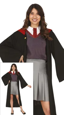 Productafbeelding van Magische student Halloween kostuumset: toveraarspak, cape, hoed, das, uniform, kap, geschikt voor universiteit. Maat: 38 - 40 (M). Kleur: zwart