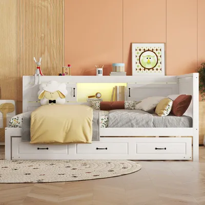 Image de AIORBER Lits de jour, 140 x 200 cm, avec lit escamotable, télécommande LED, canapé-lit, USB & prise de courant, espace de rangement, blanc (sans matelas)