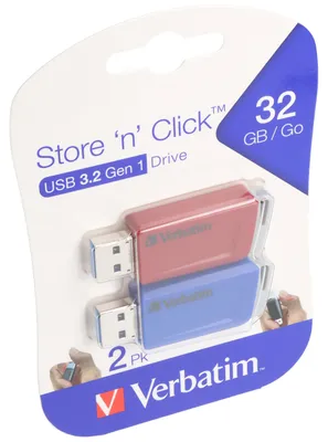 Produktbild von Verbatim Store 'n' Click - USB-Stick, USB 3.2 GEN1 - 2x32 GB, Rot/Blau, 32 GB, USB Typ-A, 3.2 Gen 1 (3.1 Gen 1), 80 MB/s, Dia, Blau, Grau, Rot