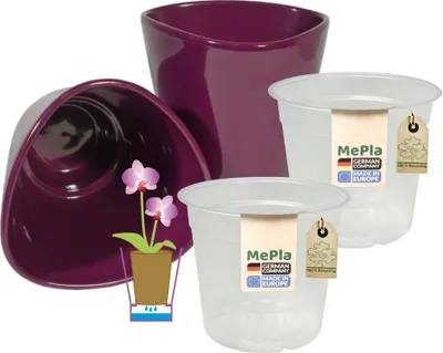 Produktbild von MePla - 2 Stück - Orchideenübertopf Dreieck ø 14 Pflaume + Pflanztopf Orchidee ø 12