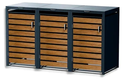 Produktbild von Mülltonnenbox in Anthrazit und Holzoptik für 3 Tonnen, witterungsbeständiger und pulverbeschichteter Stahl mit Automatikdeckel, abschließbar, Garten- und Müllbox