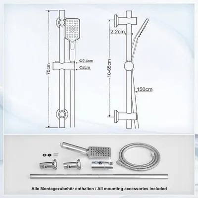 Produktbild von Famanu Duschset aus Edelstahl mit Handbrause - Duschstange 70 cm - Halter und Schlauch - Badezimmer Chrom