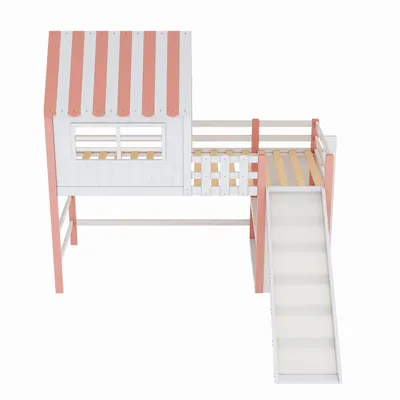 Produktbild von Flieks Etagenbett 90x200cm mit Rutsche, Kinderbett Hausbett mit Lattenrost, Hochbett Stockbett mit Leiter, Holzbett Einzelbett mit Bücherregal, Rosa