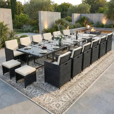Image de Poly rotin Ensemble de meubles de jardin table à manger Lounge 17 pièces Set de jardin 1x table + 12x chaises + 4x tabourets - noir