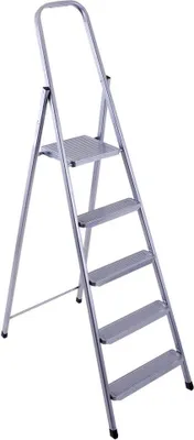 A silver stepladder with five steps is shown against a white background.