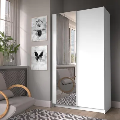 Produktbild von Schlafzimmer Kleiderschrank 100 cm breit in Weiß matt mit 2 Schwebetüren, 2 Kleiderstangen & Spiegel - SIVIANO-166