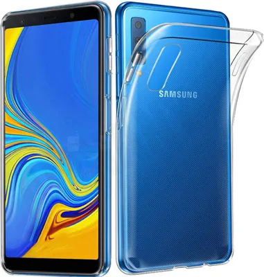A transparent TPU phone case is shown, with a Samsung phone inside it. The phone is blue and displays a colorful wallpaper.