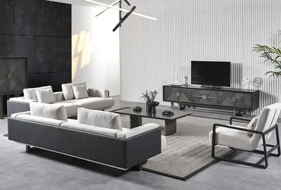 Immagine prodotto di Set di mobili da soggiorno moderni in legno in marrone con divani, poltrone e sedie