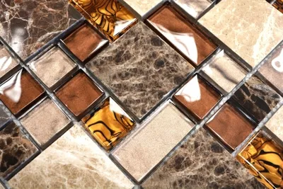 Produktbild von Handmuster Mosaikfliese Transluzent beige braun Kombination Glasmosaik Crystal Stein beige braun MOS88-1303_m