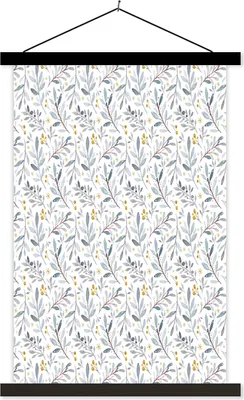 Produktbild von MuchoWow® Textilposter Vintage - Blätter - Weiß 40x60 cm mit schwarzem Rahmen - Wanddekorationen