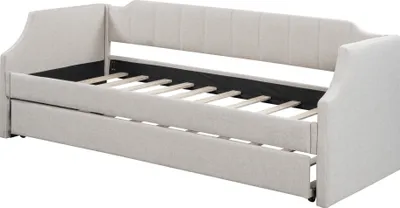 Produktbild von Merax Tagesbett 90x200/190cm Ausziehbett, Erweiterbares Schlafsofa mit Lattenrost und Armlehnen, Leinen Polsterbett Kinderbett Kinderbett