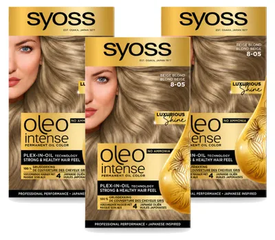 Imagen del producto de 3 unidades de SYOSS Oleo Intense 8-05 Rubio Beige - Tinte permanente para el cabello sin amoníaco - Paquete económico