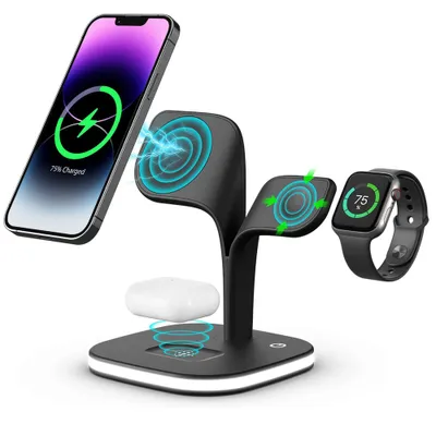 A black 3-in-1 wireless charging station is shown with an iPhone, Apple Watch, and AirPods charging on it. The iPhone is at 75% charged.