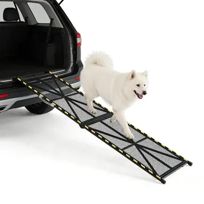 Produktbild von Hunderampe Auto - Stahl Hunderampe - 180 x 50 cm - Tragkraft 150 kg - Rutschfeste Gitterfläche - Mit Tragegriff - Für mittelgroße & große Hunde - Schwarz