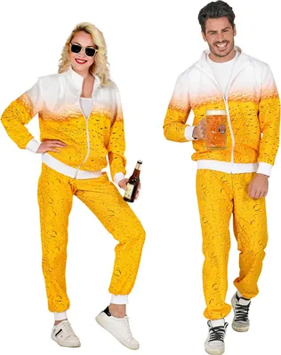A man and a woman are posing in matching beer-themed tracksuits.